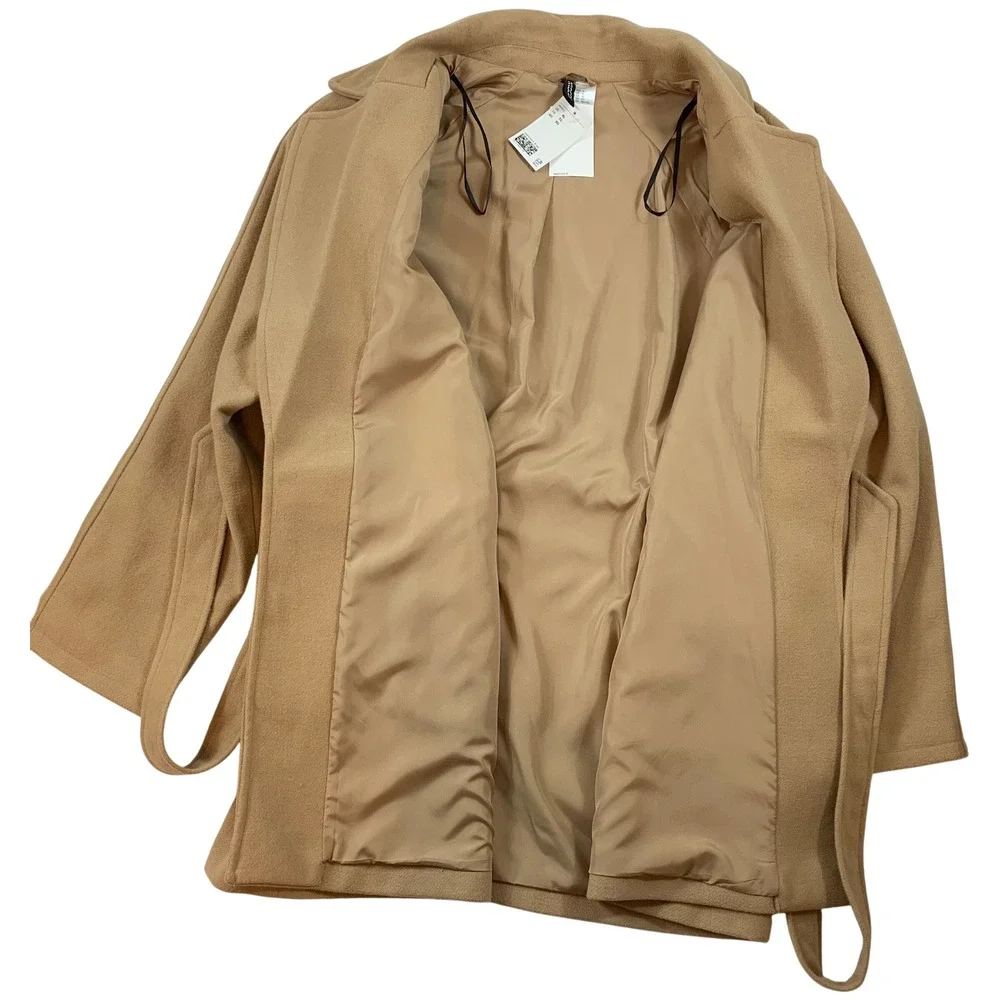 H&M Divided Camel Tan Belted Wrap Coat Notched Lapel XL NEW